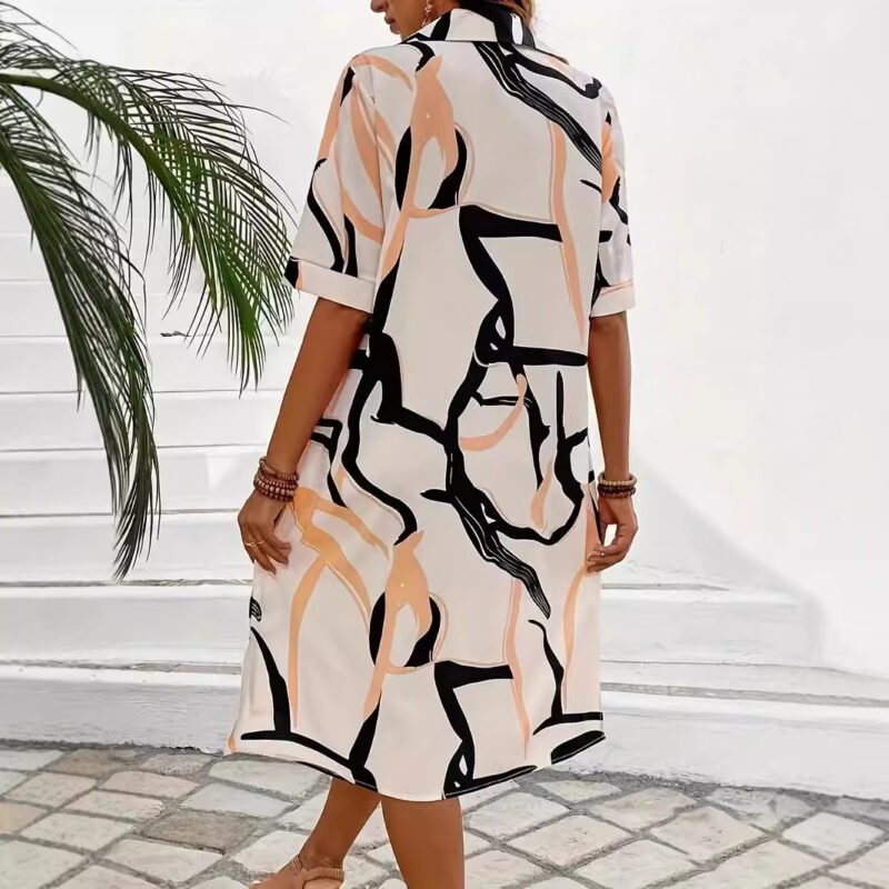 Printing Lapel Geometric Pattern Split Shirt Dress Ladies - Image 6