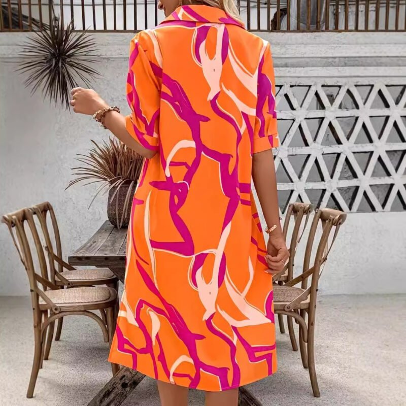 Printing Lapel Geometric Pattern Split Shirt Dress Ladies - Image 3