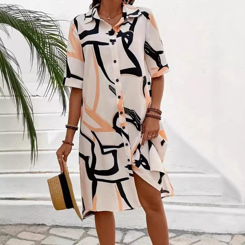Printing Lapel Geometric Pattern Split Shirt Dress Ladies - Image 4