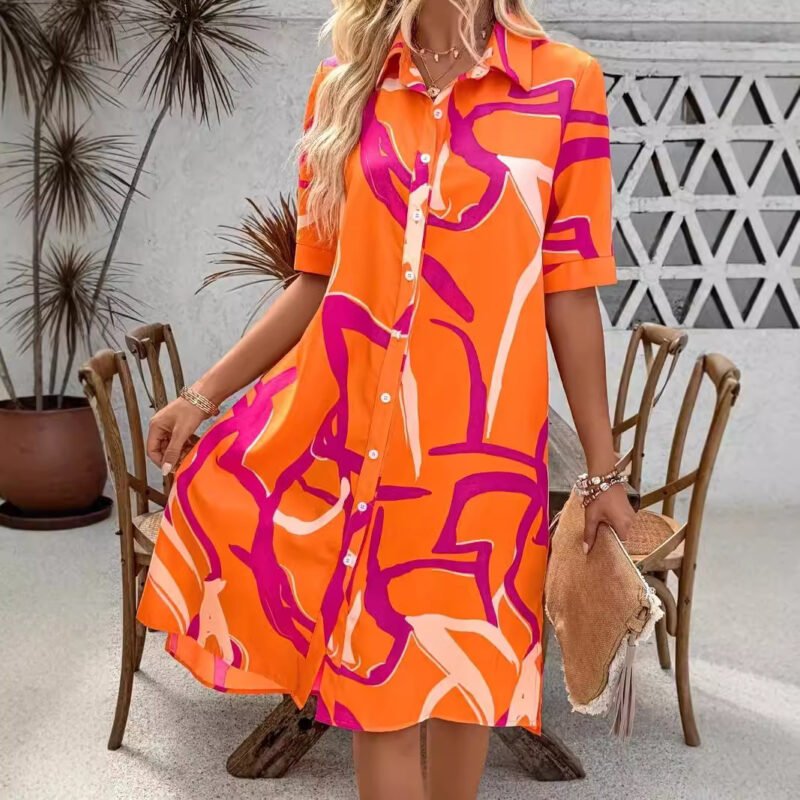 Printing Lapel Geometric Pattern Split Shirt Dress Ladies - Image 7