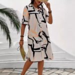 Printing Lapel Geometric Pattern Split Shirt Dress Ladies