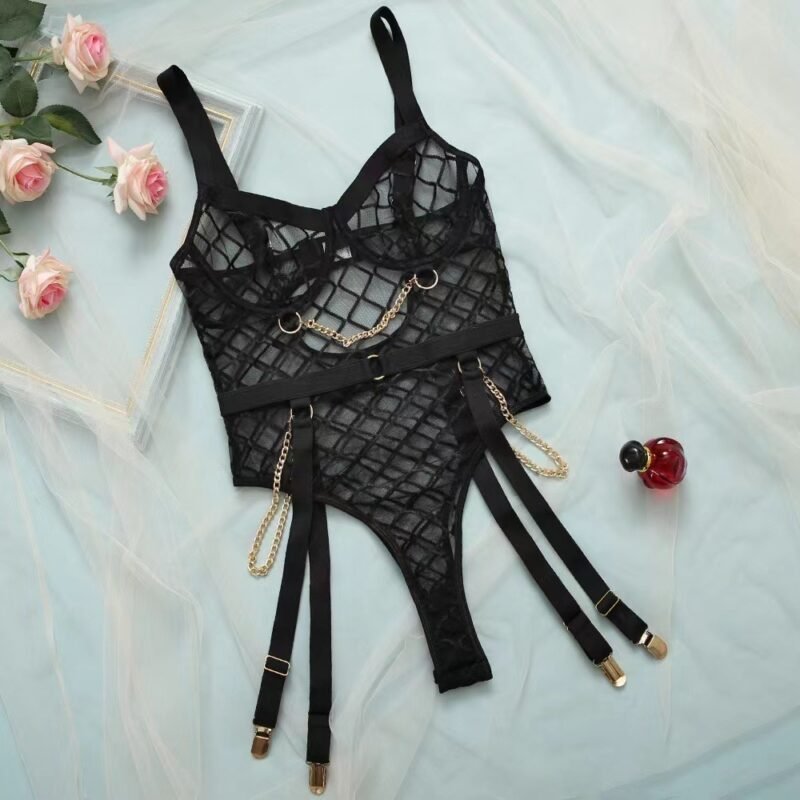 One-piece Lingerie One Piece Dropshipping Metal Chain Grid Passion Sexy Tight Underwear - Image 4