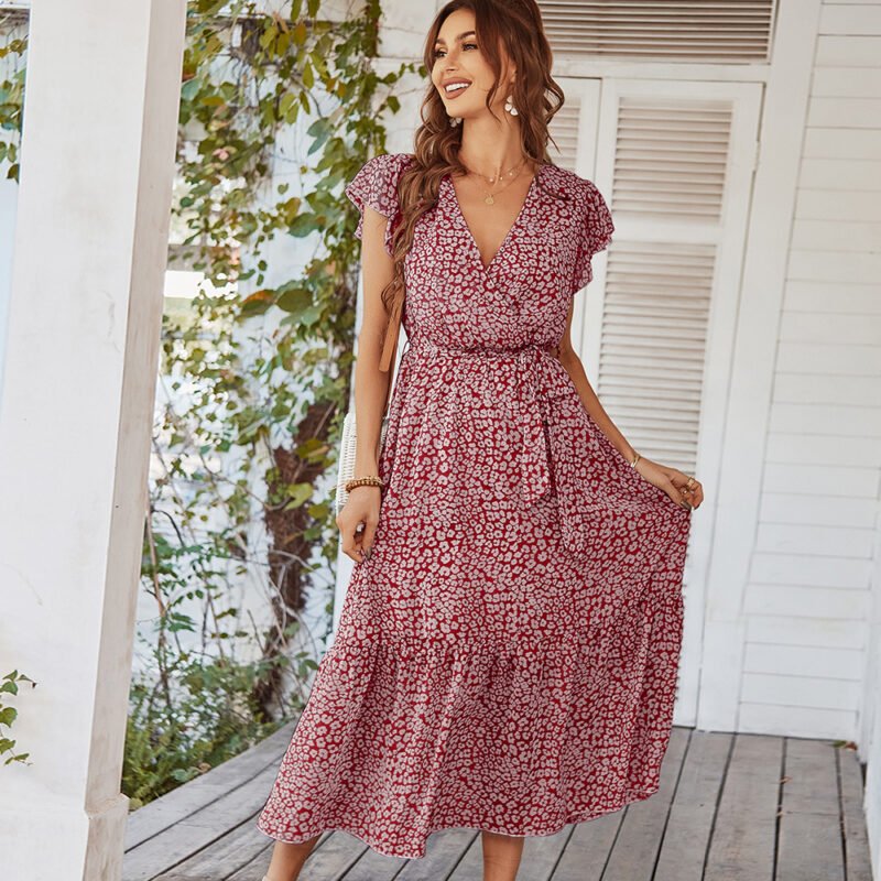 Summer Dresses Ruffle Cap Sleeve V Neck Belt Wrap Split Boho Floral Long Casual Party Beach Dress - Image 8