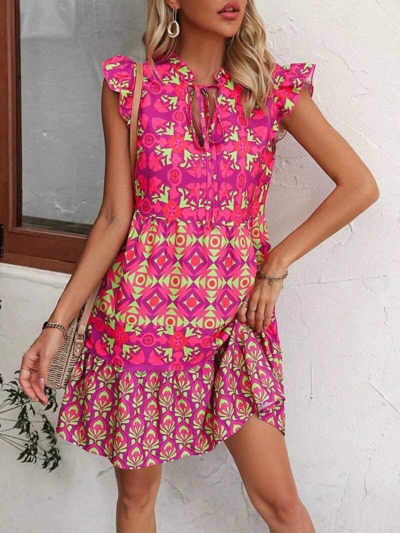 Printed Sleeveless Dress Summer Fashion V-Neck Lace-up Straight Dresses For Womens Clothing - Image 4