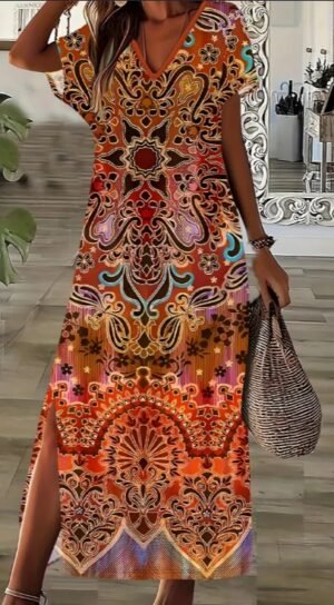 Boho-Chic Plus Size Floral Print Dress With Side Slit - V-Neck, Short Sleeve, Perfect For Spring & Summer