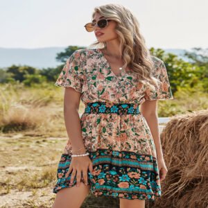 Women Summer Bohemian Print Dress Ladies V-Neck Beach Dress
