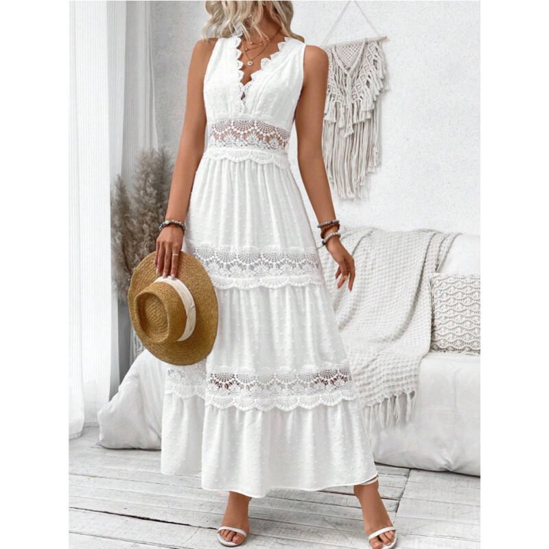Women's Lace Stitching V-neck Sleeveless Dress - Image 4