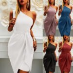 Solid Color Sleeveless Slanted Shoulder Irregular Tie Party Dress