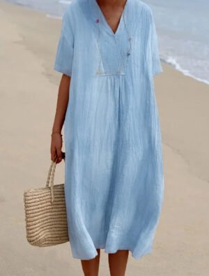 Women's Versatile Casual Slim-fit Solid Color Cotton And Linen Dress