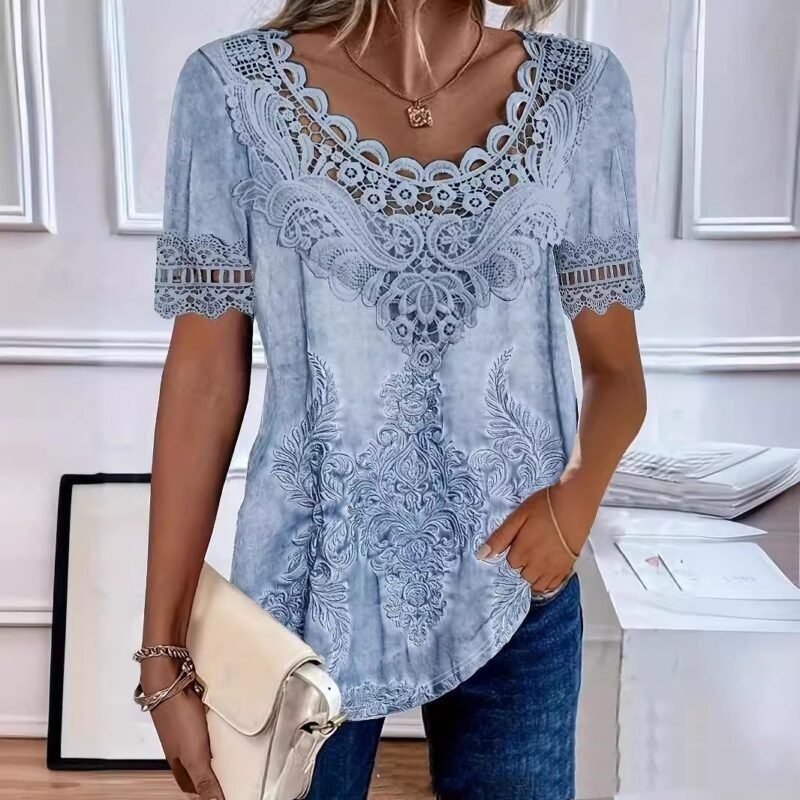 Fashionable Elegant Casual Hollow Lace Women's T-shirt - Image 4