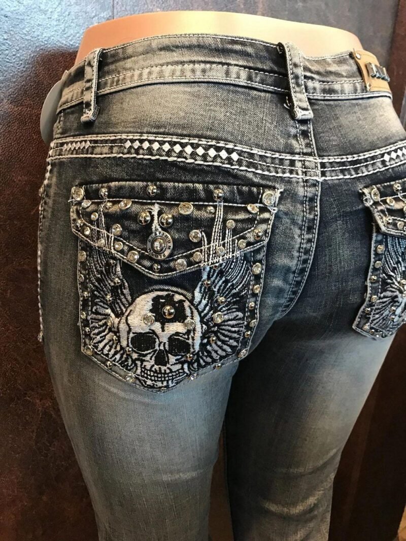 European And American Hot Pants New Retro Embroidered Skull Hot Rhinestone Elastic Slim Fit Slimming Skinny Denim Trousers - Image 4