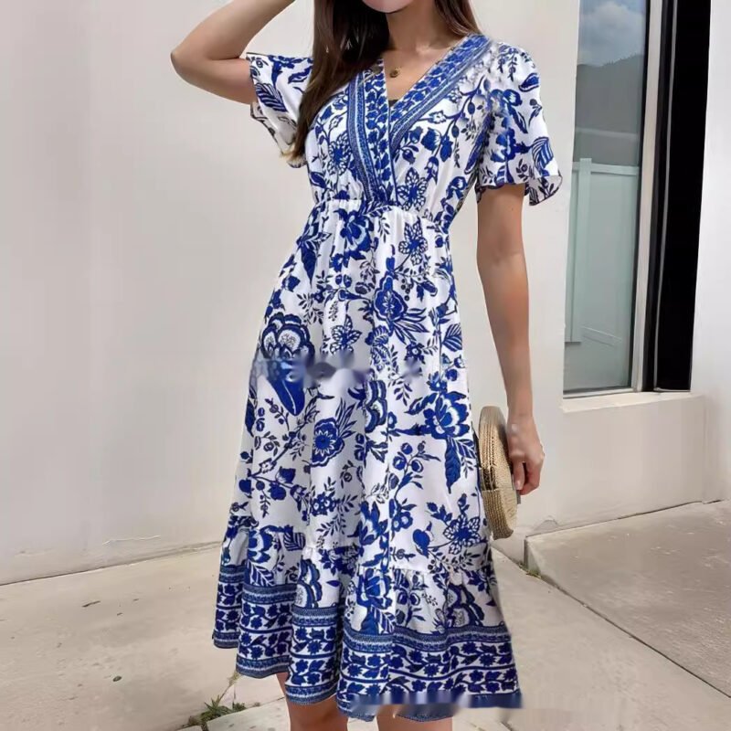 Bohemian Dress Leisure Holiday Floral Print Short-sleeved Midiskirt - Image 7