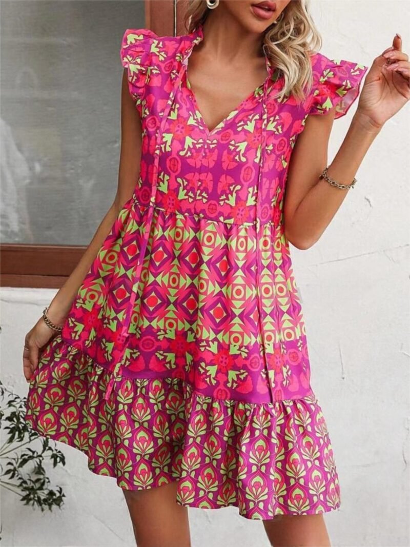 Printed Sleeveless Dress Summer Fashion V-Neck Lace-up Straight Dresses For Womens Clothing - Image 3