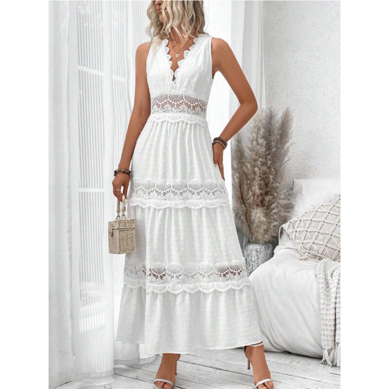 Women's Lace Stitching V-neck Sleeveless Dress - Image 2