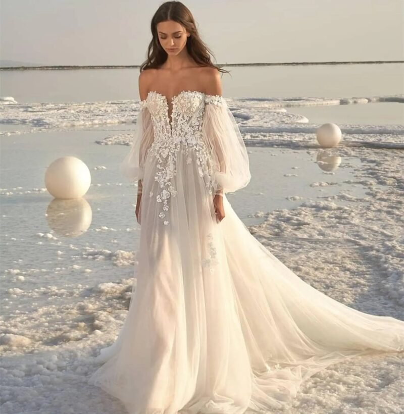 Women's Puff Sleeve Beach Wedding Dress - Image 4