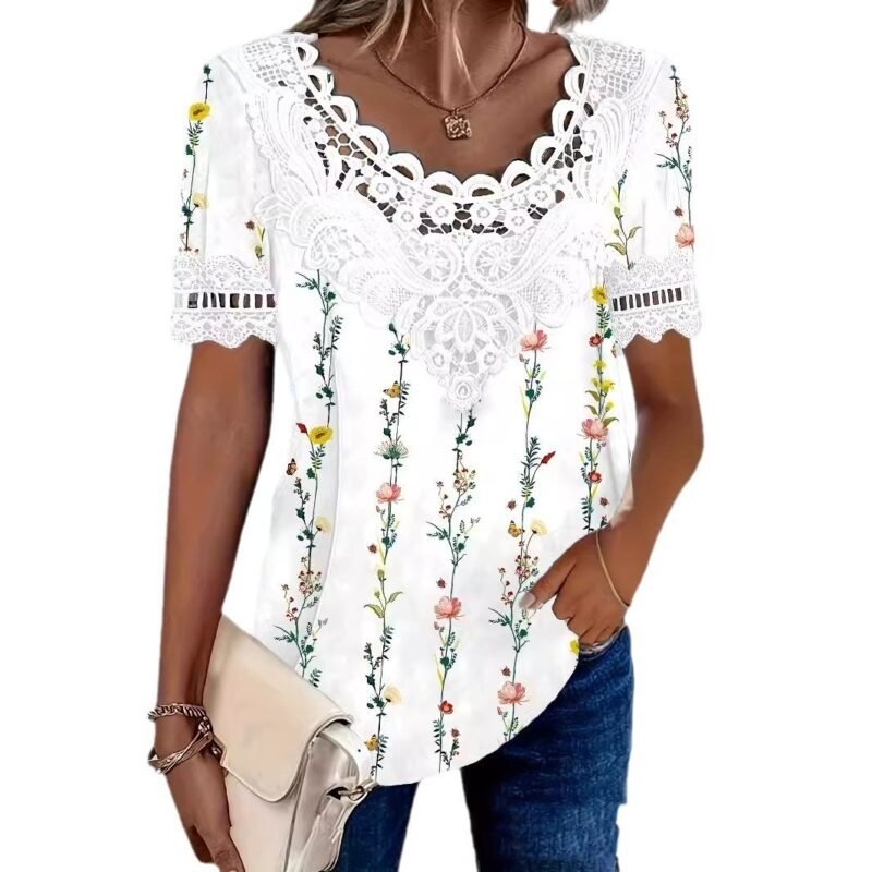 Fashionable Elegant Casual Hollow Lace Women's T-shirt - Image 3
