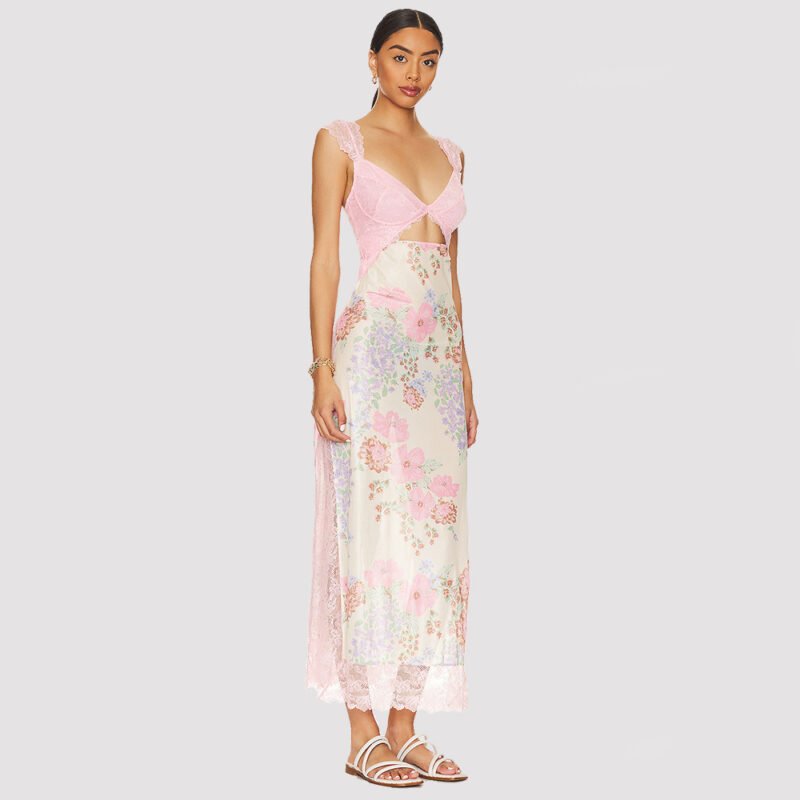 Slim V-neck Lace Shoulder-strap Dress Stitching Flowers Print Long Dresses Summer Women's Clothing - Image 2