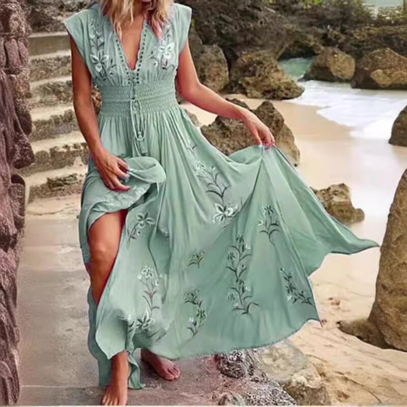 New V-neck Fringed Bohemian Print Long Skirt Summer Sleeveless Loose Casual Beach Dress - Image 3