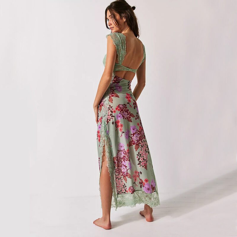 Slim V-neck Lace Shoulder-strap Dress Stitching Flowers Print Long Dresses Summer Women's Clothing - Image 5