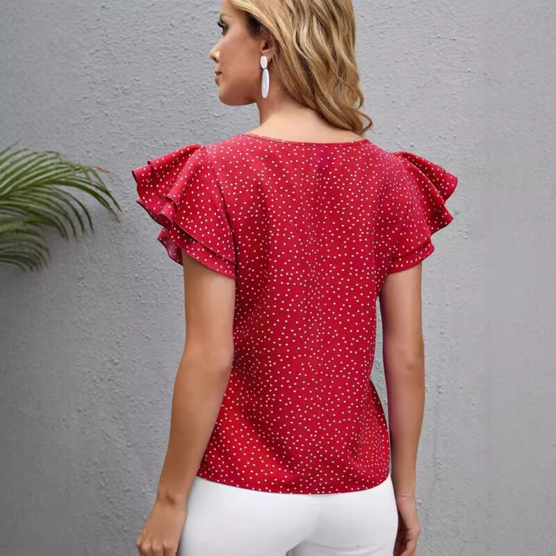 Women's New Polka Dot Ruffle Sleeve V-neck Top - Image 3