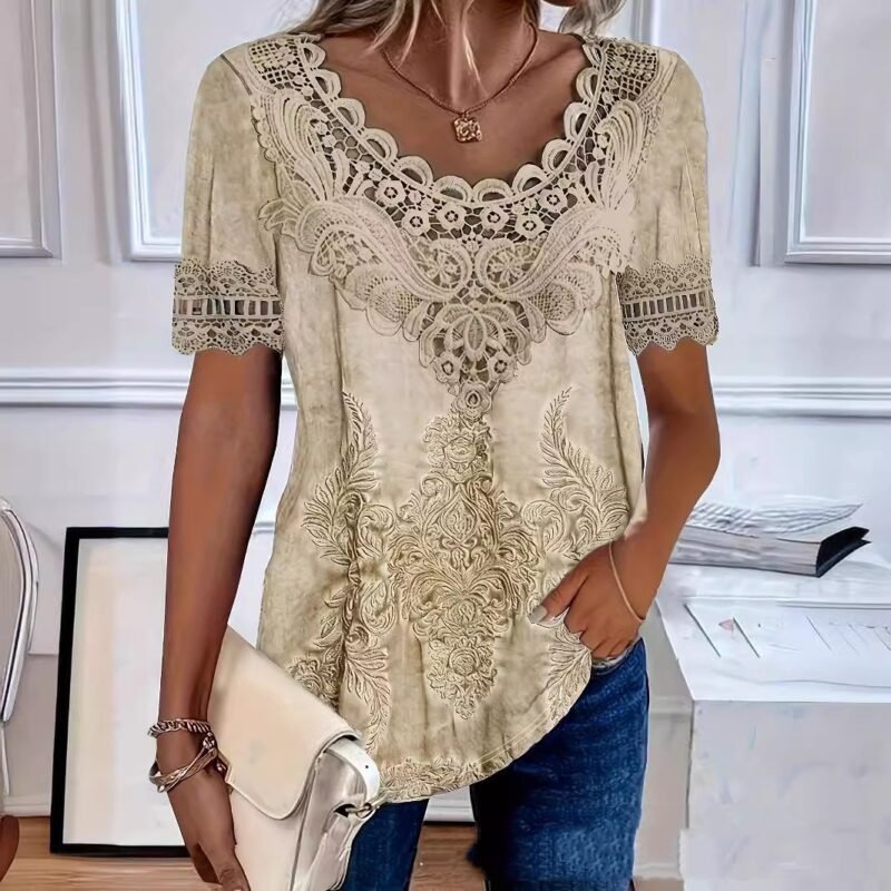 Fashionable Elegant Casual Hollow Lace Women's T-shirt - Image 2