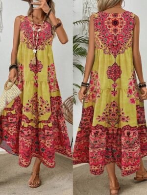 Holidaya Ladies Summer Floral Print Round Neck Sleeveless Dress For Casual Or Vacation