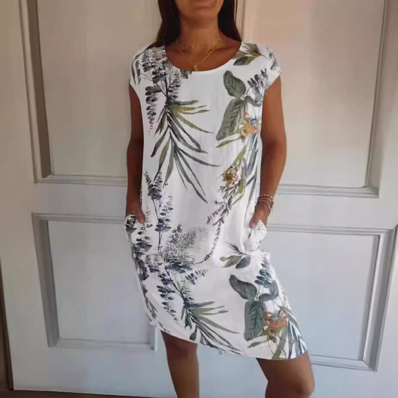 Flower And Leaf Printed Straight Dress Summer Loose Round Neck Short Sleeve Dresses Womens Clothing - Image 4
