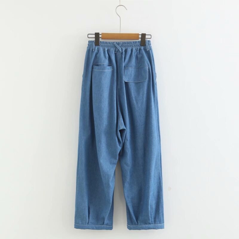College Wind Blue Denim Patchwork Bear Plaid Embroidery Loose And Thin Cropped Trousers Women - Image 4