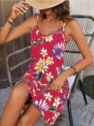 Summer Vintage Floral Print Spaghetti Suspender Dress For Women, Shoulder-Baring