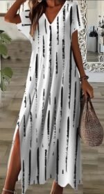 Elegant Women's Short Sleeve V-Neck Maxi Dress With 3D Allover Print And Side Slit  Machine Washable, Perfect For Any Season