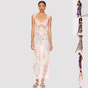 Slim V-neck Lace Shoulder-strap Dress Stitching Flowers Print Long Dresses Summer Women's Clothing
