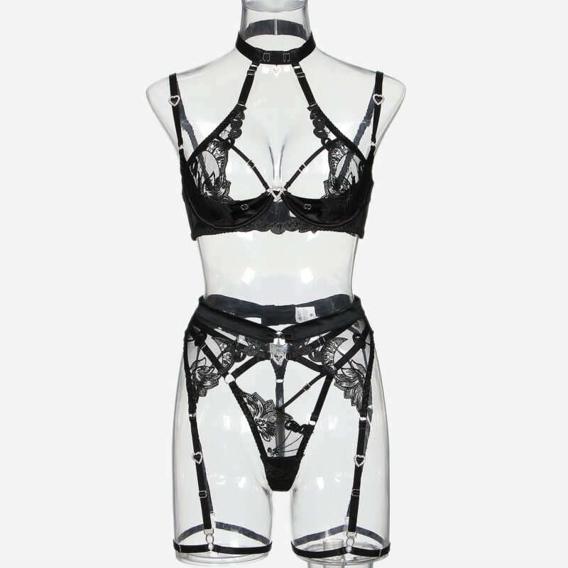 Love Drill Buckle Sexy Cutout Embroidered Sexy Lingerie Suit - Image 3