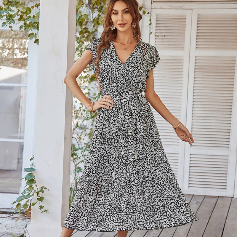 Summer Dresses Ruffle Cap Sleeve V Neck Belt Wrap Split Boho Floral Long Casual Party Beach Dress - Image 7