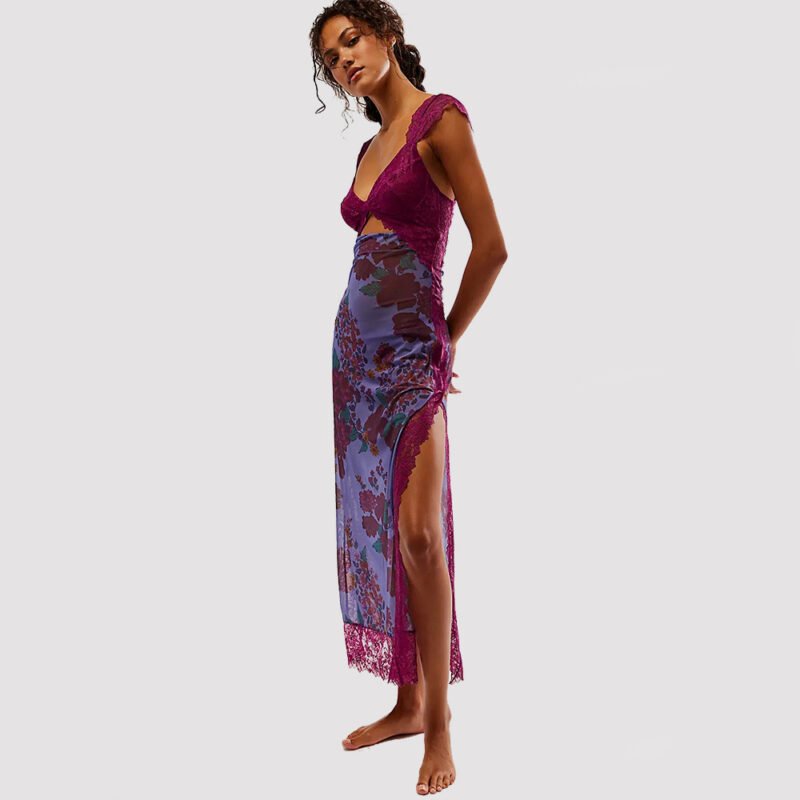 Slim V-neck Lace Shoulder-strap Dress Stitching Flowers Print Long Dresses Summer Women's Clothing - Image 8