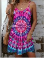 Women's Cami Dress Tie Dye Print Strap Mini Dress Hawaiian Boho Hippie Vacation Sleeveless Summer