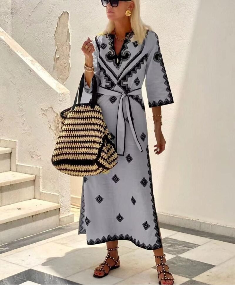 Printed Belt Linen Bohemian Dress - Image 2