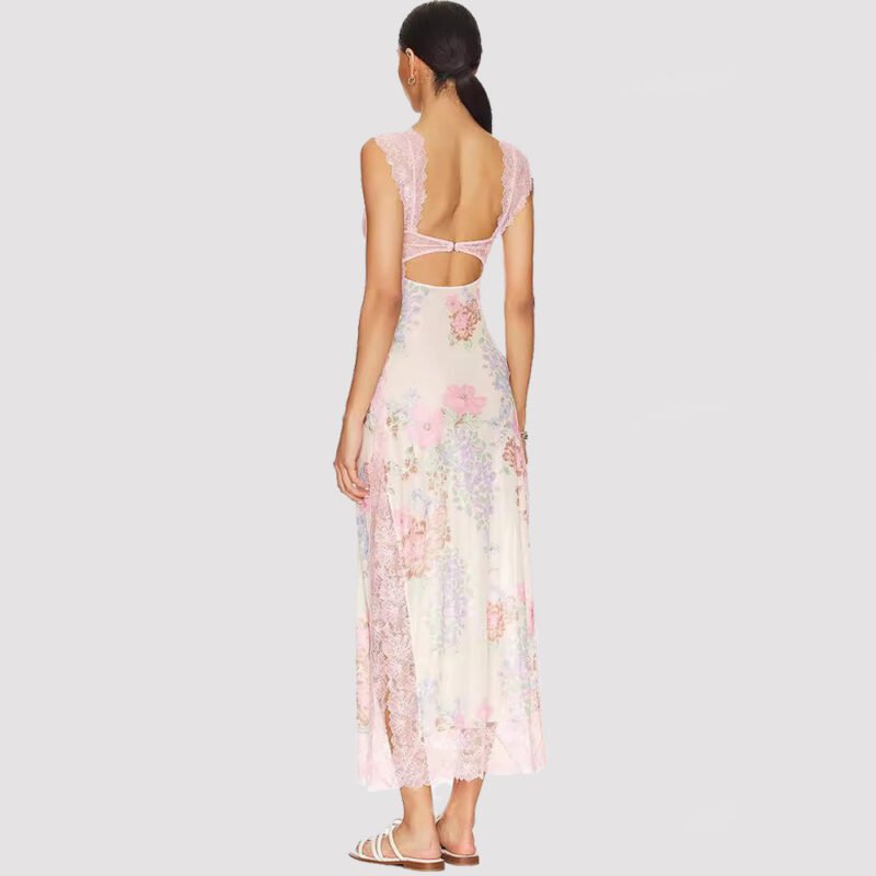 Slim V-neck Lace Shoulder-strap Dress Stitching Flowers Print Long Dresses Summer Women's Clothing - Image 6