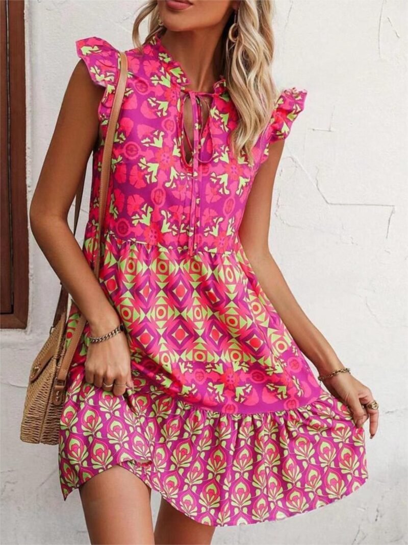 Printed Sleeveless Dress Summer Fashion V-Neck Lace-up Straight Dresses For Womens Clothing - Image 5