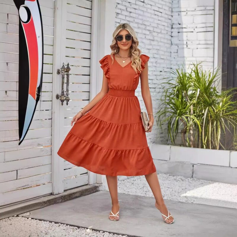 New Ruffled Sleeveless V-Neck Dress Summer Fashion Elastic Waist A-Line Dresses For Womens Clothing - Image 5