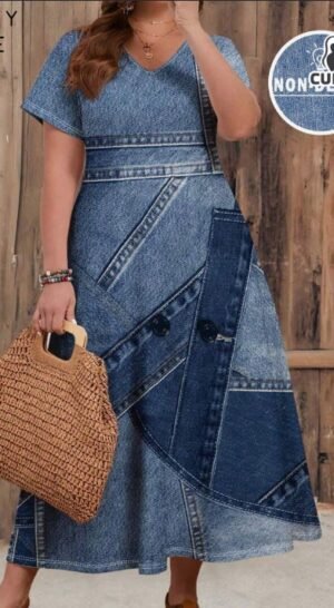 Plus Size Women's Casual Patchwork Pattern V-Neck Short Sleeve Dress, Suitable For Spring Autumn
