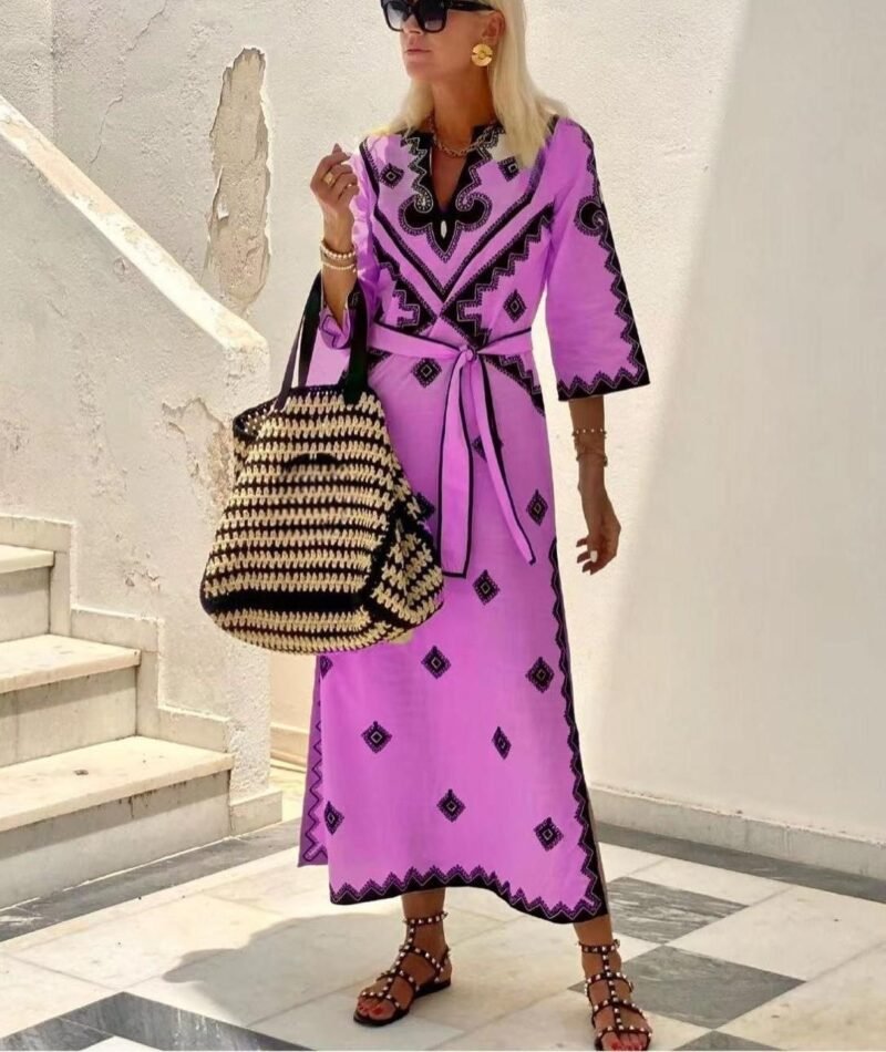 Printed Belt Linen Bohemian Dress - Image 5