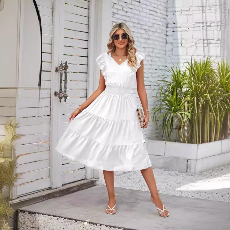 New Ruffled Sleeveless V-Neck Dress Summer Fashion Elastic Waist A-Line Dresses For Womens Clothing - Image 6