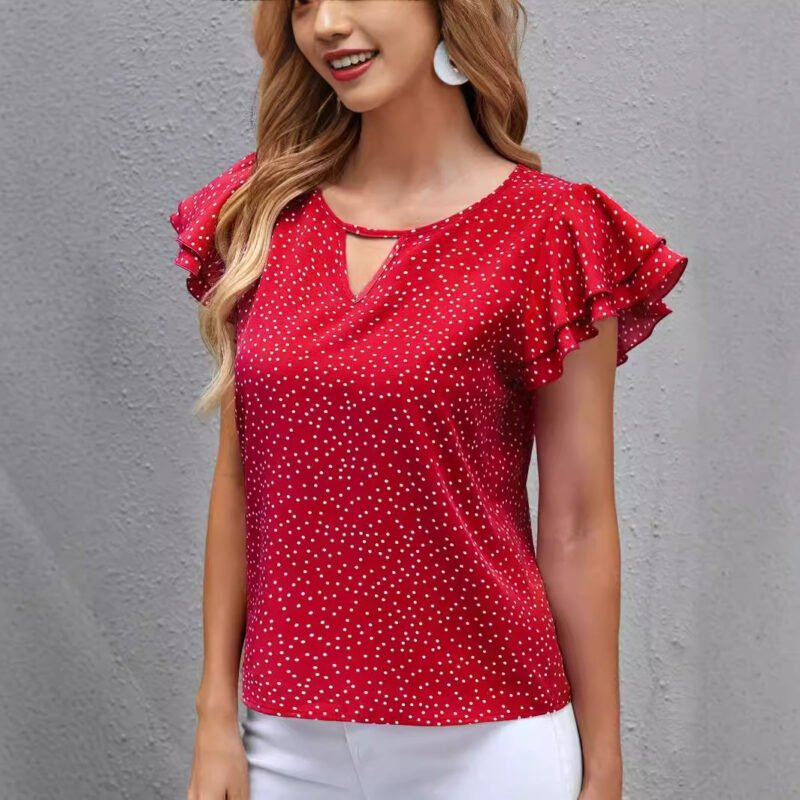 Women's New Polka Dot Ruffle Sleeve V-neck Top - Image 4