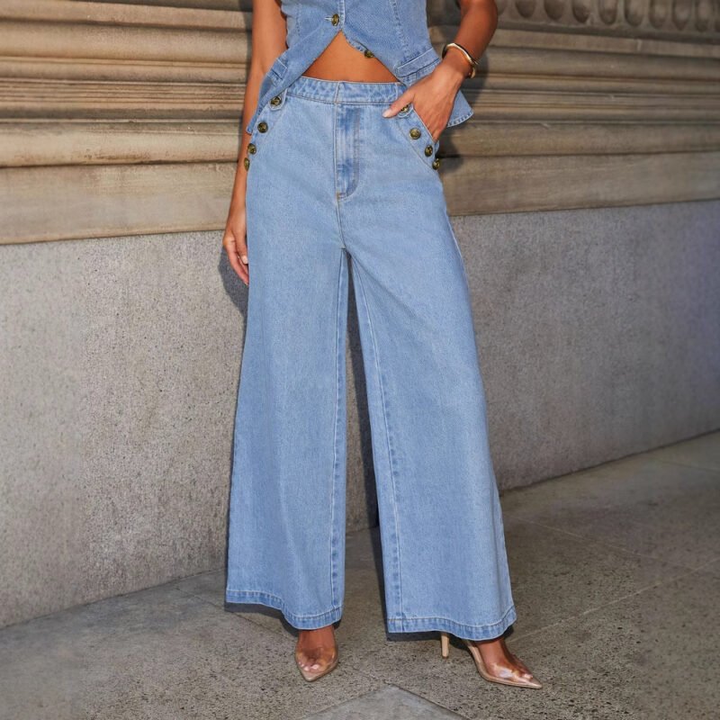 Fashion Sleeveless Denim Suit Wide Leg Pants - Image 4