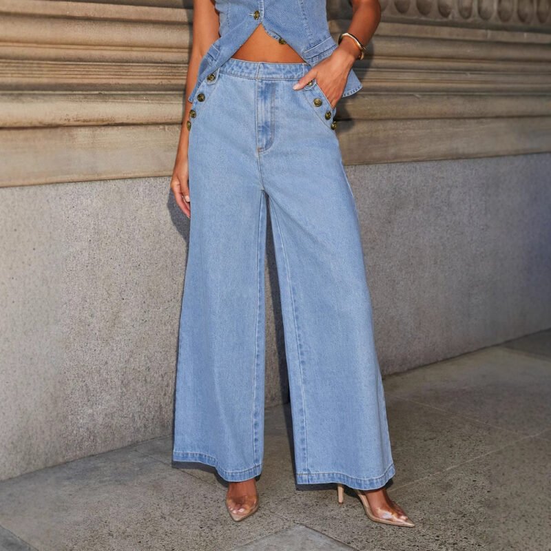 Fashion Sleeveless Denim Suit Wide Leg Pants - Image 10