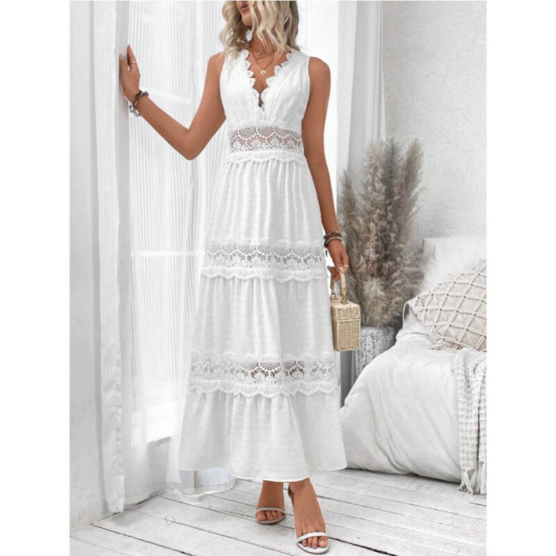 Women's Lace Stitching V-neck Sleeveless Dress - Image 3