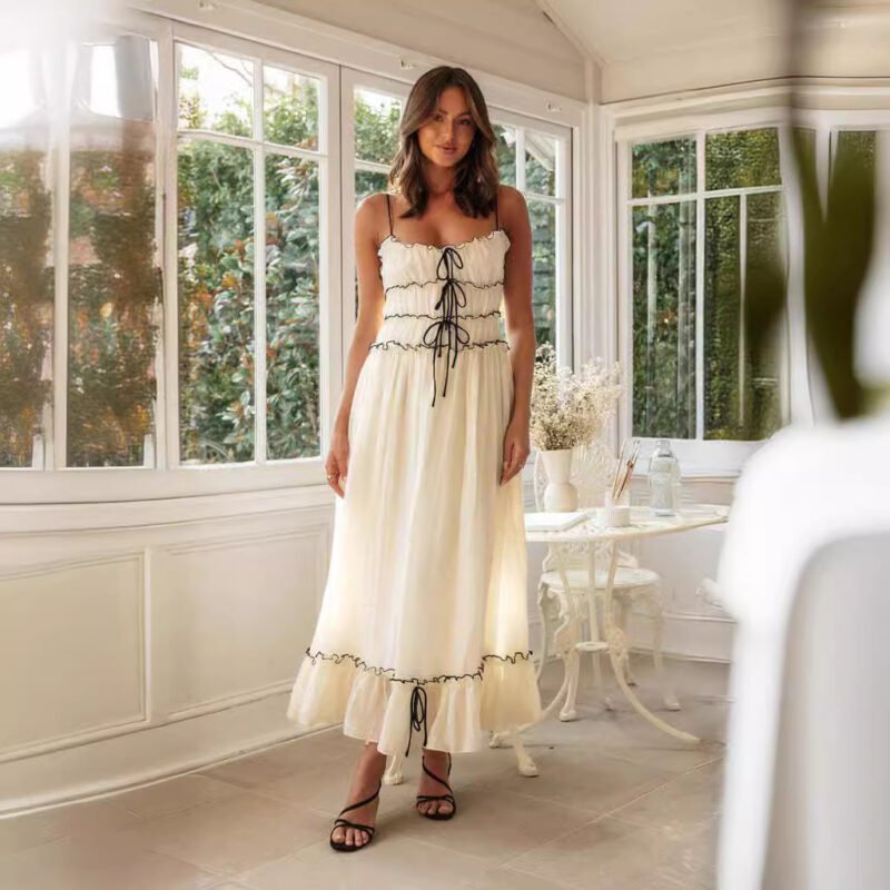 Summer Suspender Spaghetti Strap Long Dresses With Bow Pleat Design Fashion Sweet Bow Beach Dress For Womens Clothing - Image 5