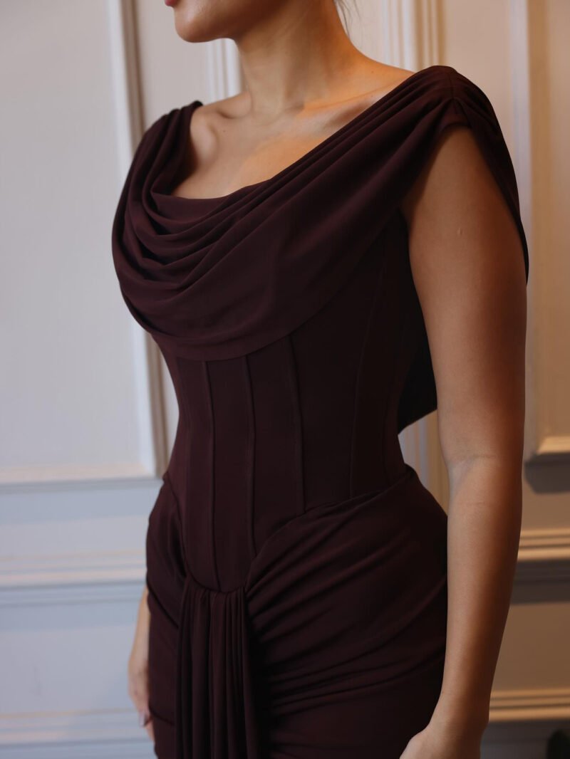 Brown Swoosh Collar Sleeveless Maxi Dress - Image 5