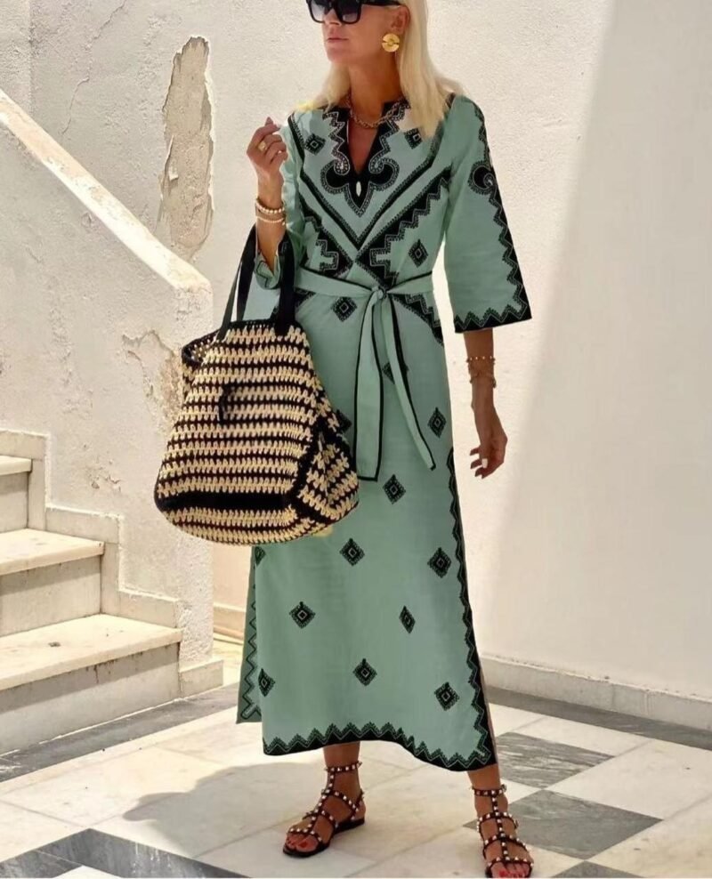 Printed Belt Linen Bohemian Dress - Image 3