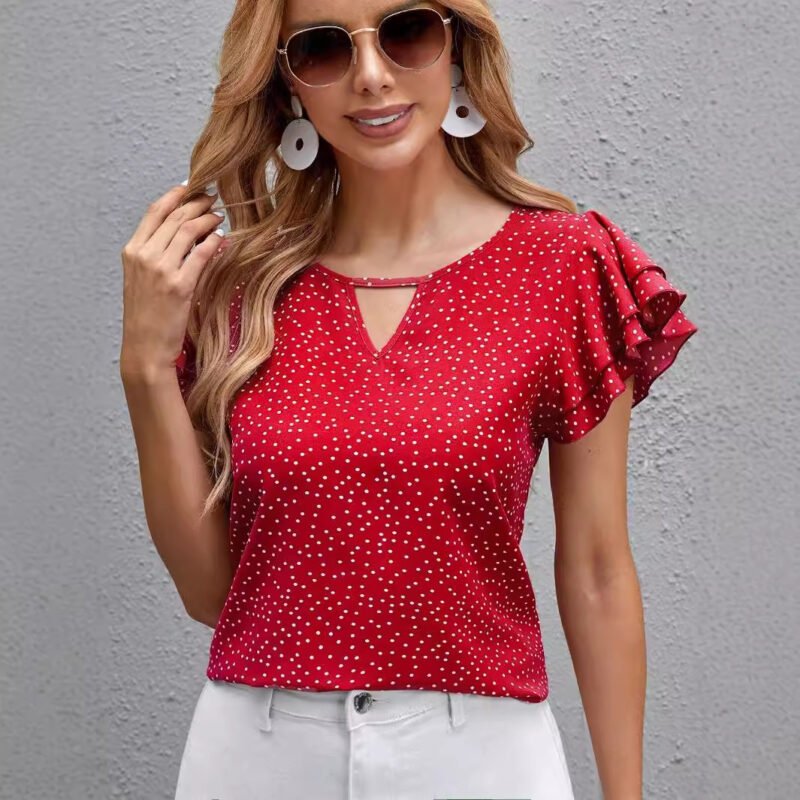Women's New Polka Dot Ruffle Sleeve V-neck Top